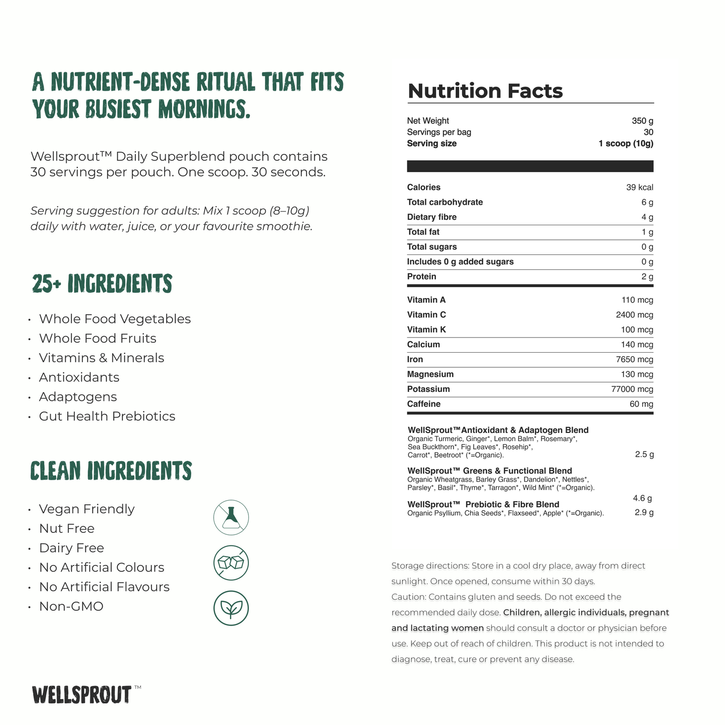 Nutrition facts label for Wellsprout Daily Superblend with ingredients list and health benefits.