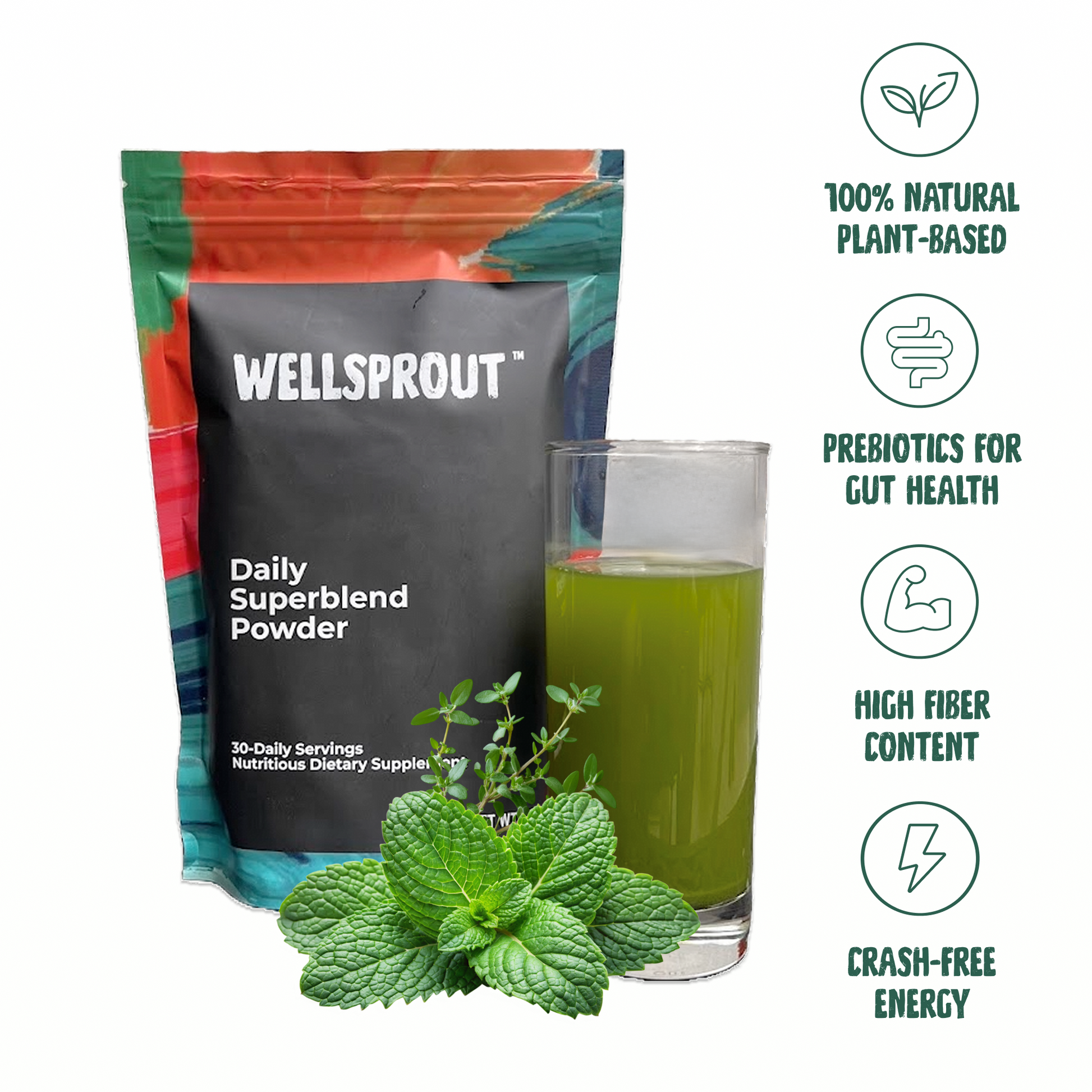 Wellsprout Daily Superblend Powder package with a glass of green juice and mint leaves on a white background.