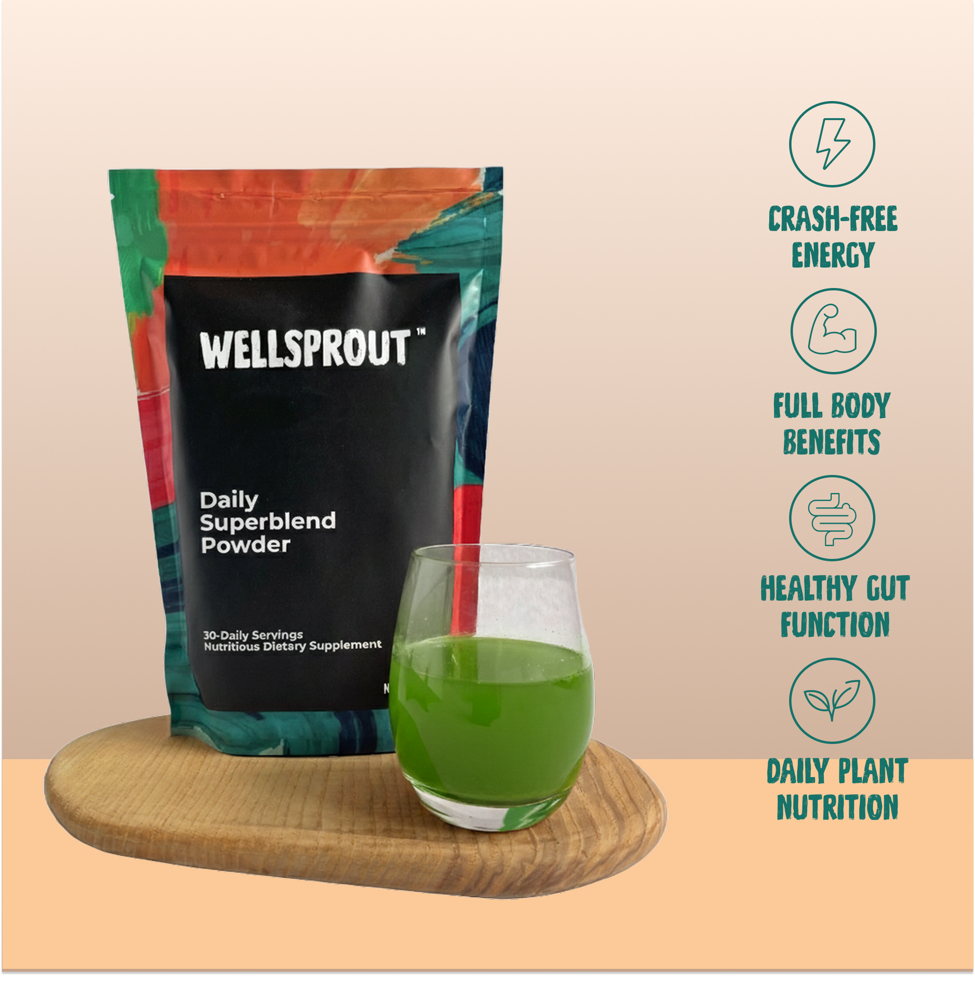 Wellsprout Daily Superblend Powder package with a glass of green juice on a wooden board.