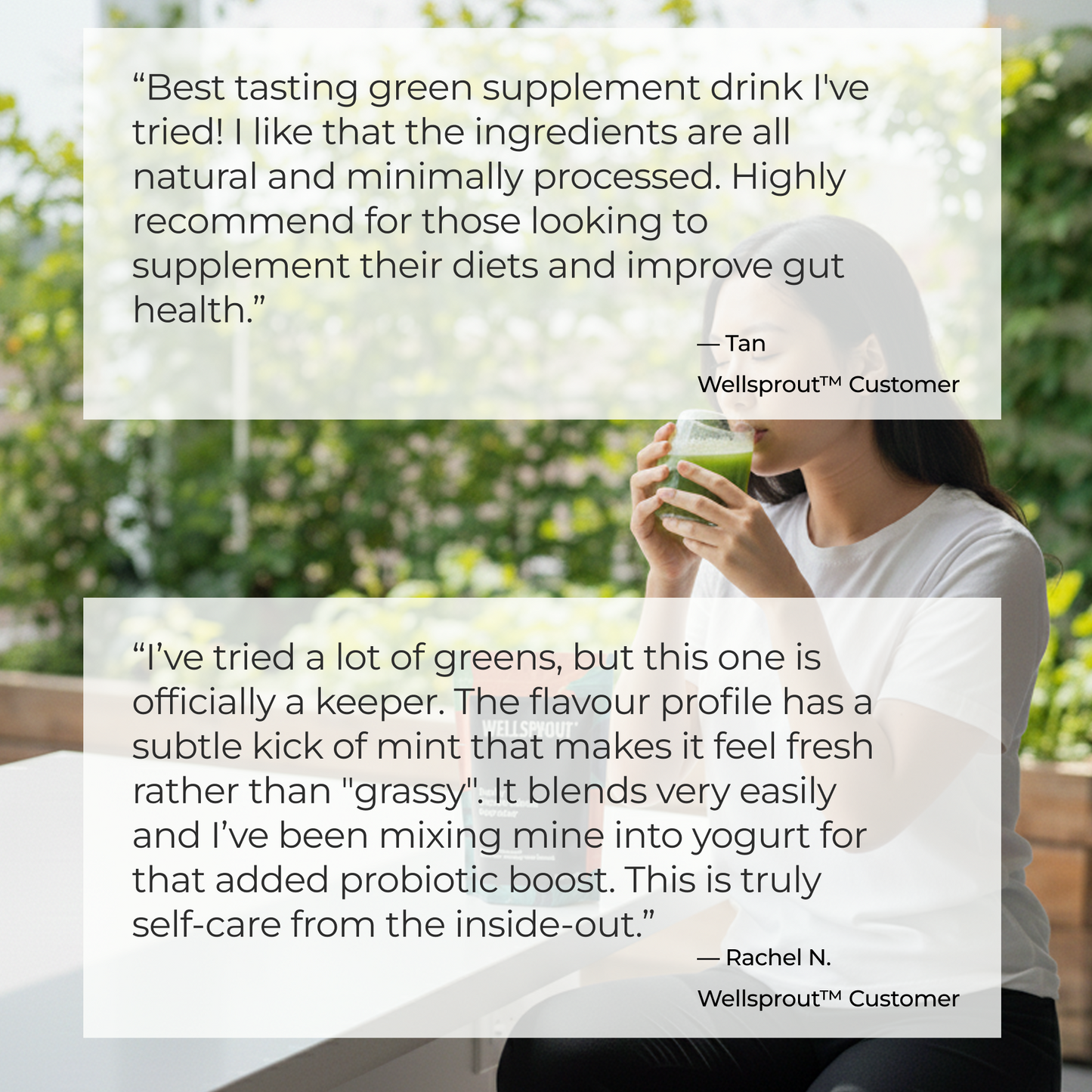 Woman sitting outdoors with text quotes from Wellsprout customers about their experiences.