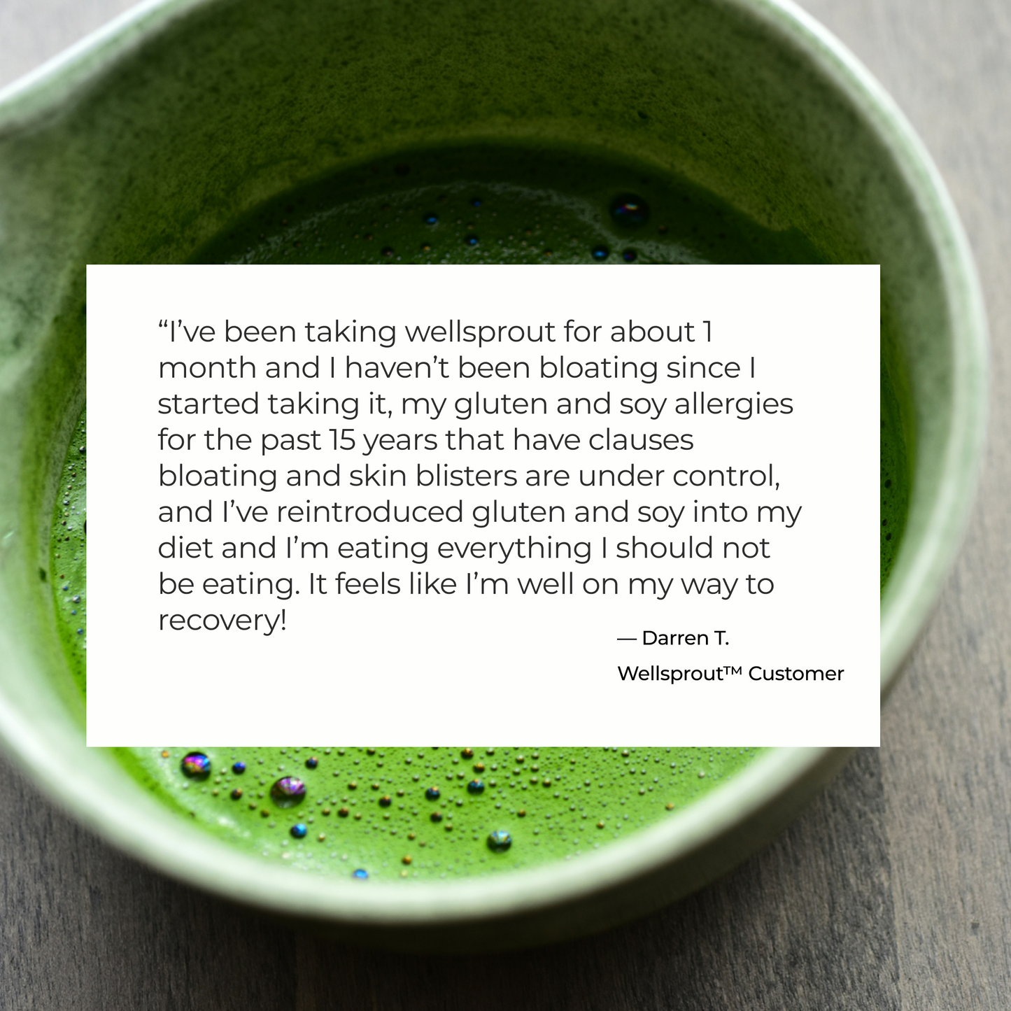 Green smoothie in a bowl with a customer testimonial overlay
