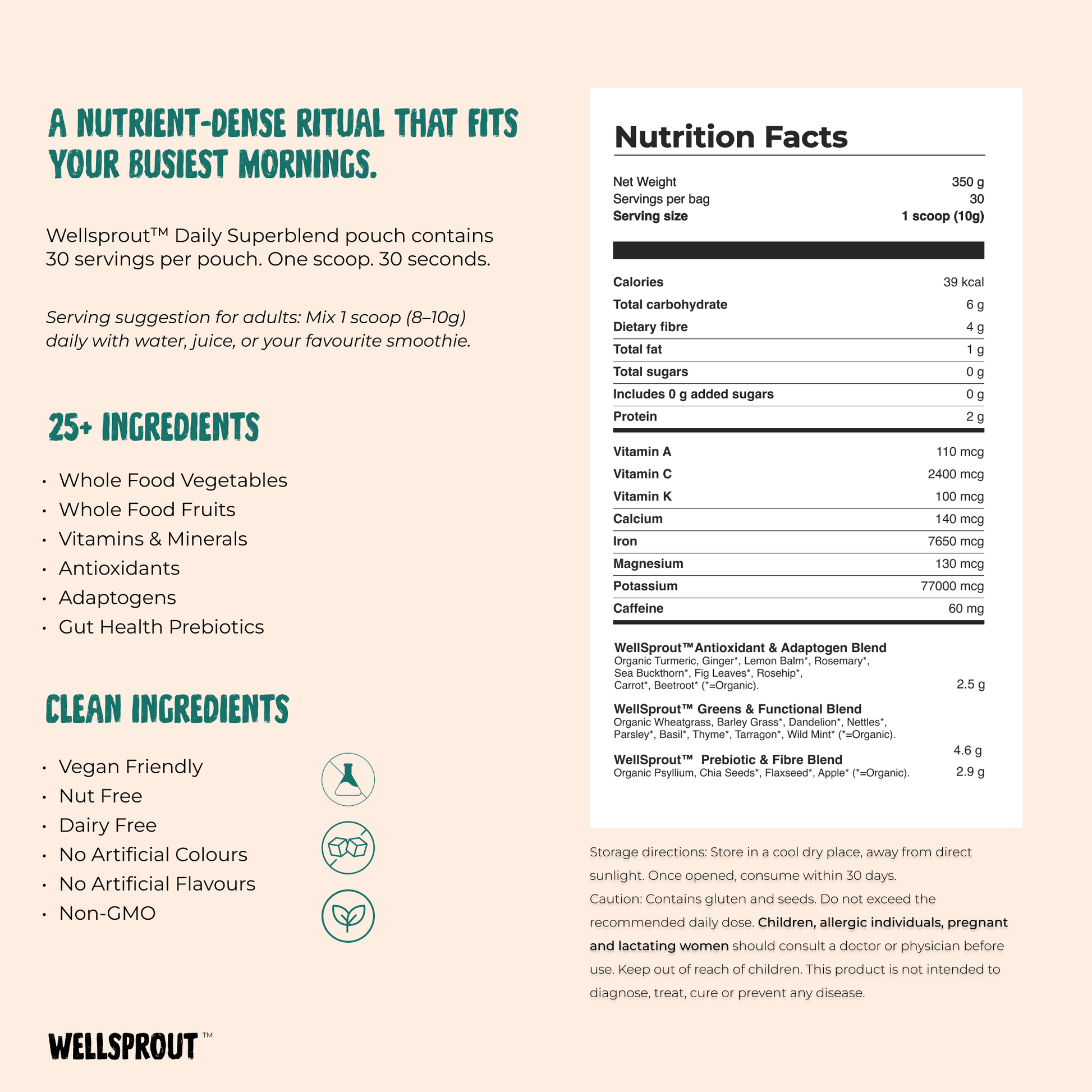 Nutrition label and product details for Wellsprout Daily Superblend on a beige background