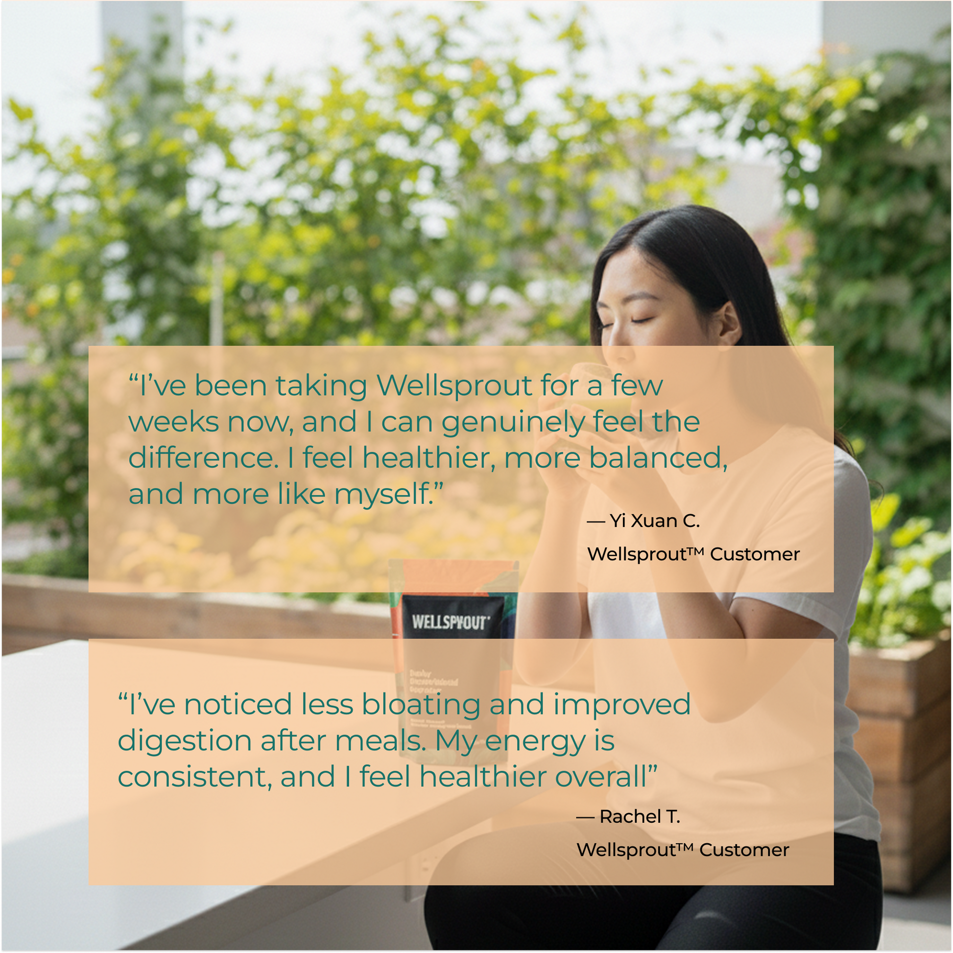 Woman holding a bottle of Wellsprout supplement with customer testimonials overlayed.